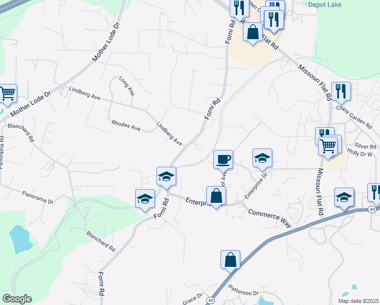 map of restaurants, bars, coffee shops, grocery stores, and more near 4111 Forni Road in Placerville