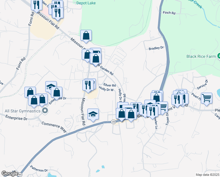 map of restaurants, bars, coffee shops, grocery stores, and more near Holly Drive West in Diamond Springs