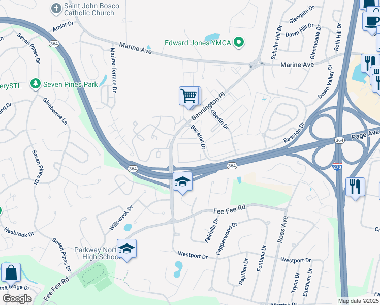 map of restaurants, bars, coffee shops, grocery stores, and more near 12504 Ardwick Lane in St. Louis