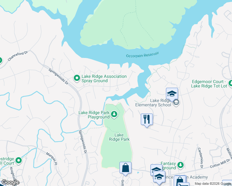 map of restaurants, bars, coffee shops, grocery stores, and more near 11827 Limoux Place in Woodbridge