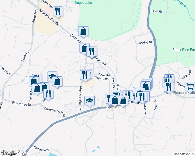 map of restaurants, bars, coffee shops, grocery stores, and more near Holly Dr W in Diamond Springs