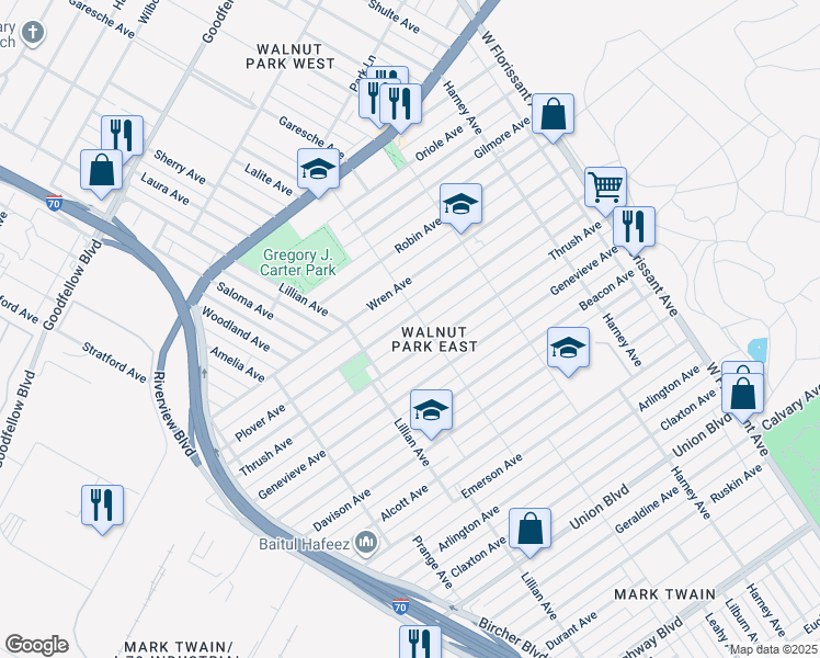 map of restaurants, bars, coffee shops, grocery stores, and more near 5041 Thrush Avenue in St. Louis