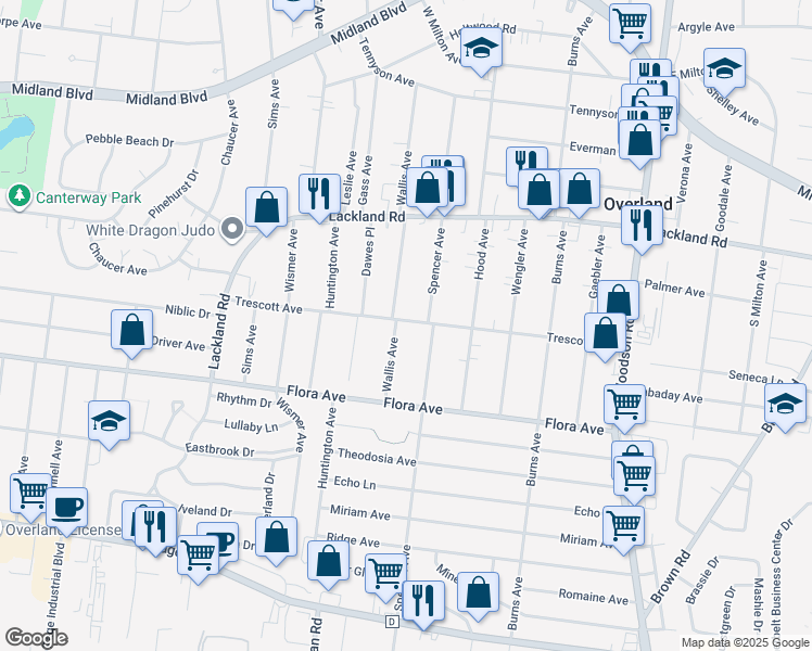 map of restaurants, bars, coffee shops, grocery stores, and more near 2229 Wallis Avenue in Overland