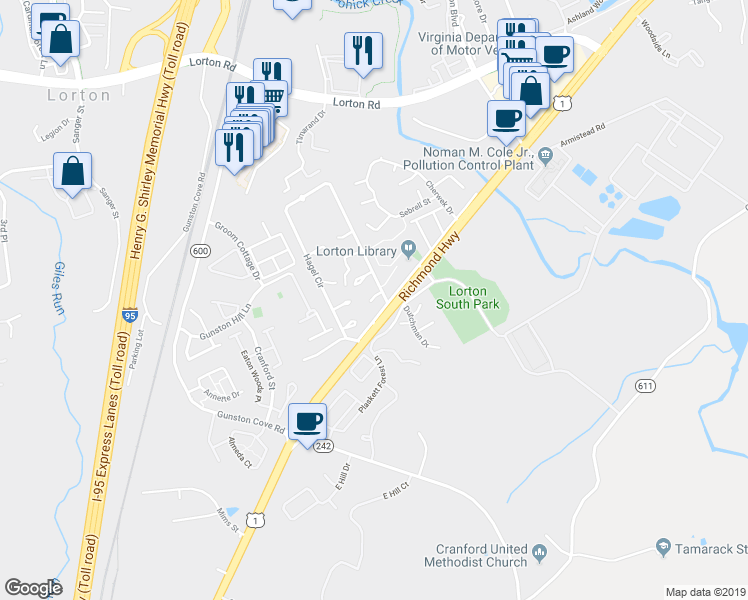 map of restaurants, bars, coffee shops, grocery stores, and more near 9552 Hagel Circle in Lorton