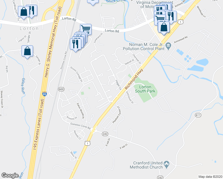 map of restaurants, bars, coffee shops, grocery stores, and more near 9867 Hagel Circle in Lorton