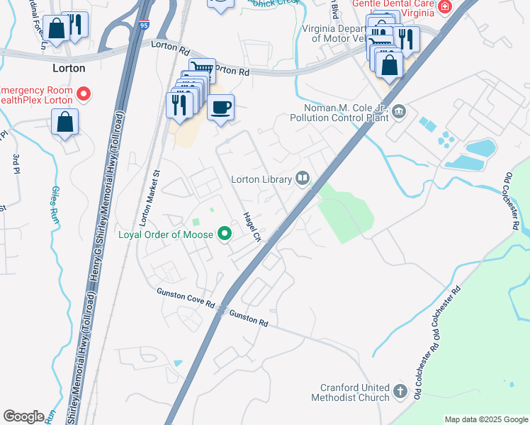 map of restaurants, bars, coffee shops, grocery stores, and more near 9867 Hagel Circle in Lorton