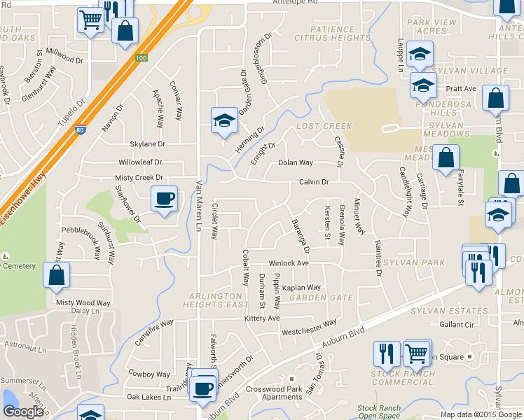 map of restaurants, bars, coffee shops, grocery stores, and more near 7419 Circlet Way in Citrus Heights