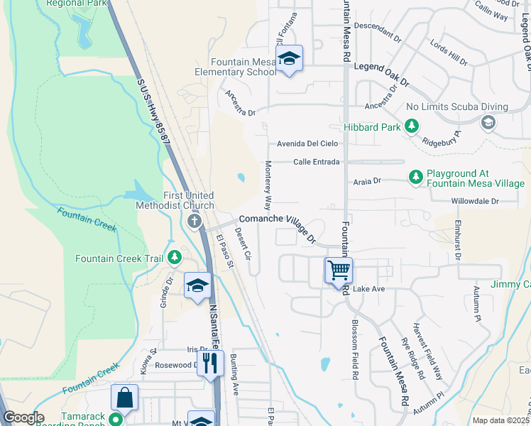 map of restaurants, bars, coffee shops, grocery stores, and more near 316 Comanche Village Drive in Fountain