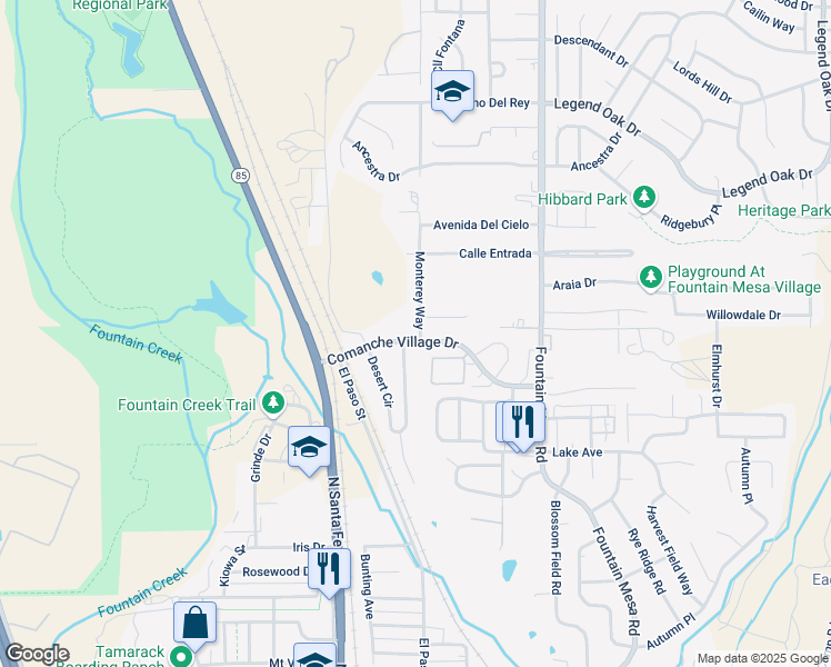 map of restaurants, bars, coffee shops, grocery stores, and more near 313 Comanche Village Drive in Fountain