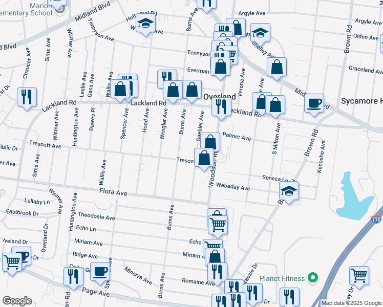 map of restaurants, bars, coffee shops, grocery stores, and more near 2303 Gaebler Avenue in St. Louis