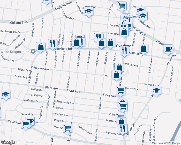 map of restaurants, bars, coffee shops, grocery stores, and more near 2257 Wengler Avenue in Overland