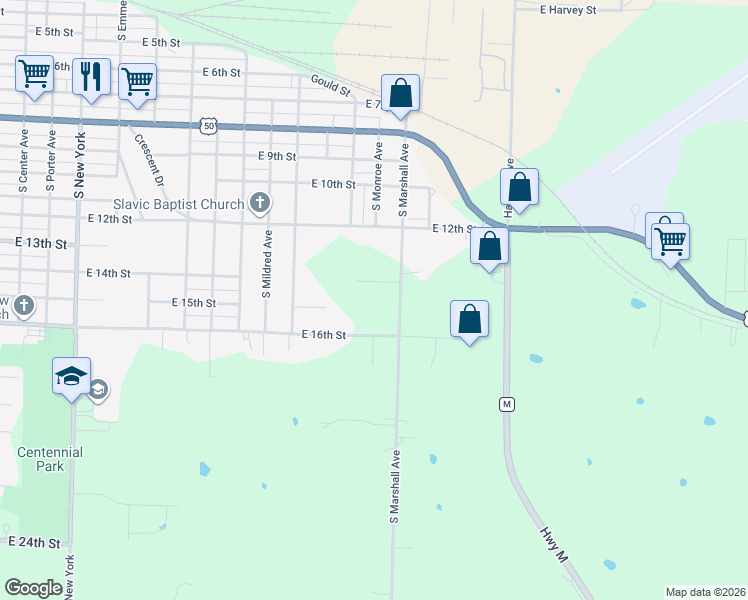 map of restaurants, bars, coffee shops, grocery stores, and more near 2501 East 16th Street in Sedalia