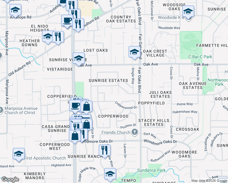 map of restaurants, bars, coffee shops, grocery stores, and more near 8088 Alma Mesa Way in Citrus Heights