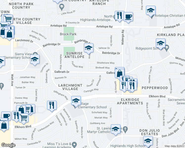 map of restaurants, bars, coffee shops, grocery stores, and more near 4112 Galbrath Drive in North Highlands