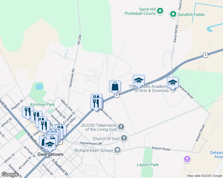 map of restaurants, bars, coffee shops, grocery stores, and more near 603 East Market Street in Georgetown