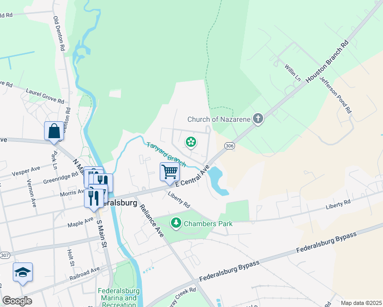 map of restaurants, bars, coffee shops, grocery stores, and more near 107 Houston Branch Road in Federalsburg