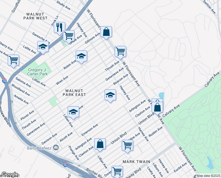 map of restaurants, bars, coffee shops, grocery stores, and more near 5432 Beacon Avenue in St. Louis