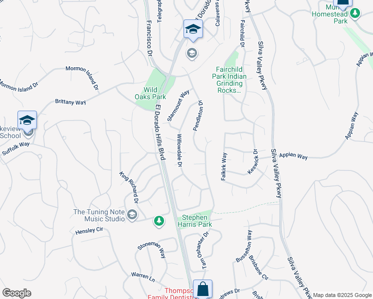 map of restaurants, bars, coffee shops, grocery stores, and more near 1037 Elmwood Court in El Dorado Hills