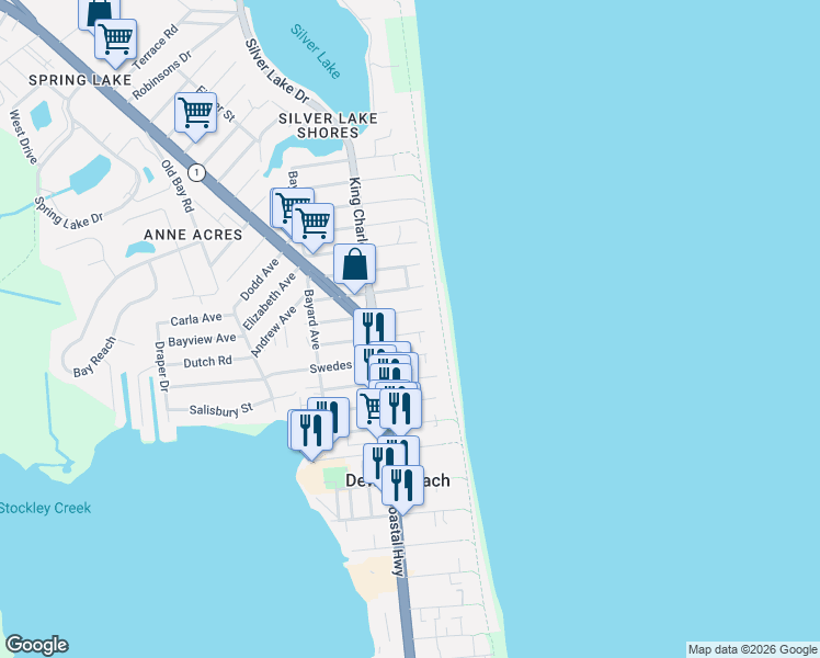 map of restaurants, bars, coffee shops, grocery stores, and more near 1 Swedes Street in Dewey Beach