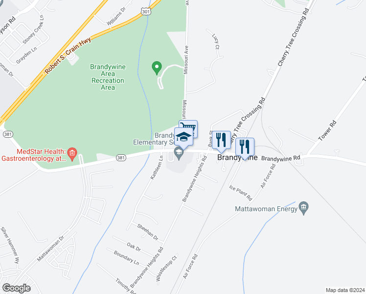 map of restaurants, bars, coffee shops, grocery stores, and more near 14070 Brandywine Road in Brandywine