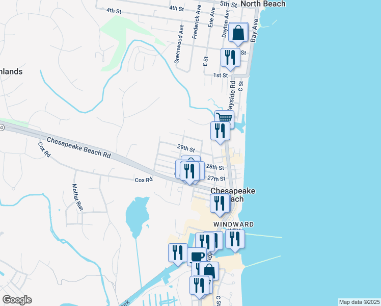 map of restaurants, bars, coffee shops, grocery stores, and more near 3709 29th Street in Chesapeake Beach