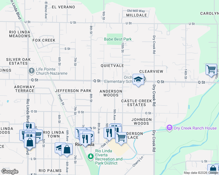 map of restaurants, bars, coffee shops, grocery stores, and more near in Rio Linda
