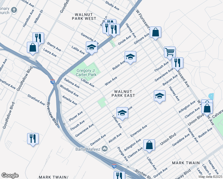 map of restaurants, bars, coffee shops, grocery stores, and more near 5037 Plover Avenue in St. Louis
