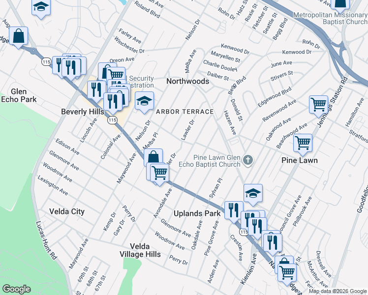 map of restaurants, bars, coffee shops, grocery stores, and more near 3729 Avondale Avenue in St. Louis