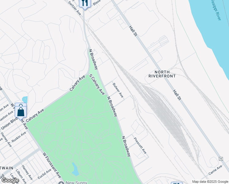 map of restaurants, bars, coffee shops, grocery stores, and more near 7230 North Broadway in St. Louis