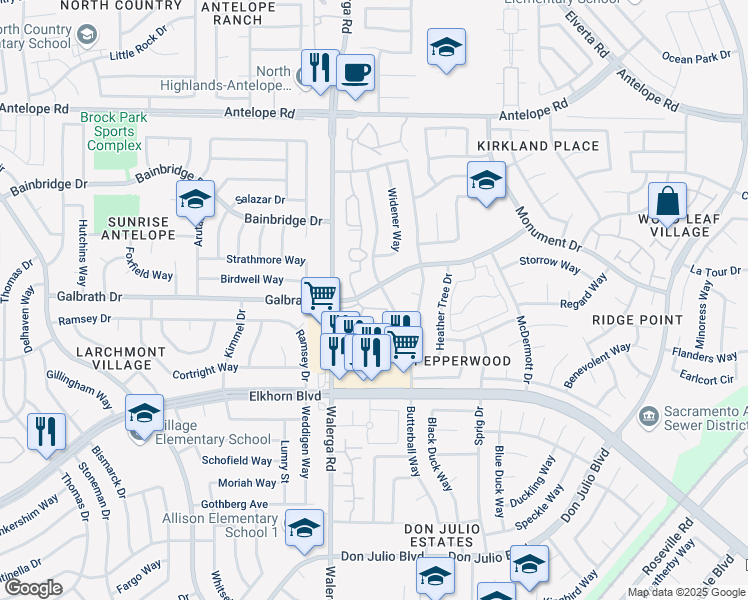 map of restaurants, bars, coffee shops, grocery stores, and more near 2 Galbrath Drive in Sacramento