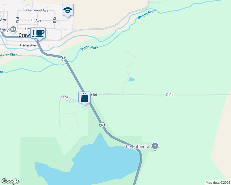 map of restaurants, bars, coffee shops, grocery stores, and more near 40500-41294 D Lane in Crawford