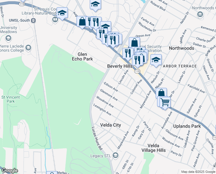 map of restaurants, bars, coffee shops, grocery stores, and more near 7122 Edison Avenue in St. Louis