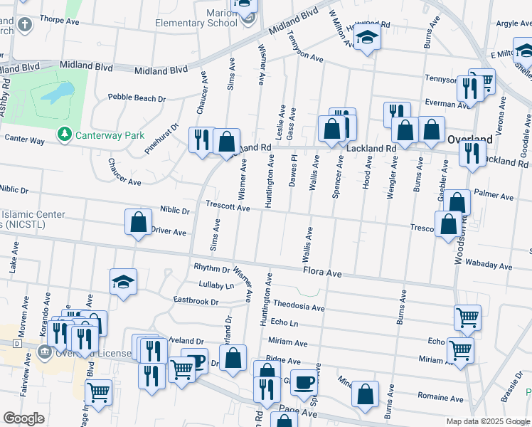 map of restaurants, bars, coffee shops, grocery stores, and more near 2234 Huntington Avenue in Overland