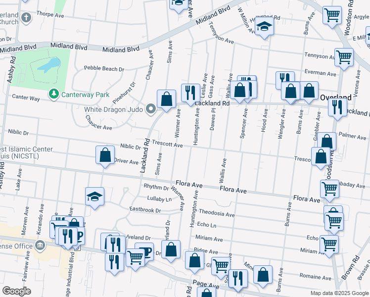map of restaurants, bars, coffee shops, grocery stores, and more near 2234 Huntington Avenue in Overland