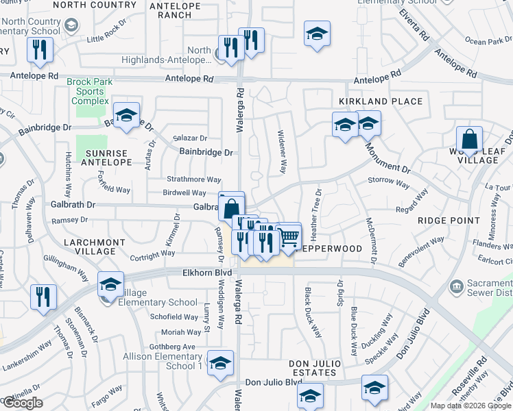 map of restaurants, bars, coffee shops, grocery stores, and more near 2 Galbrath Drive in Sacramento