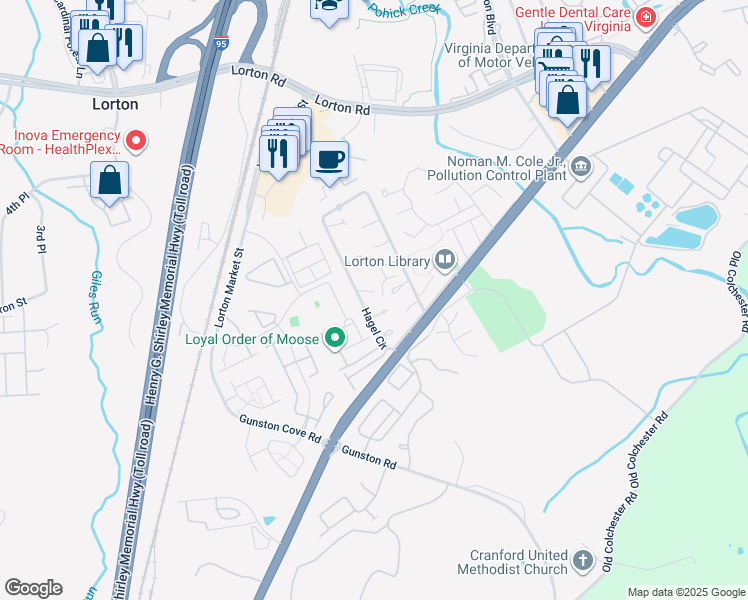 map of restaurants, bars, coffee shops, grocery stores, and more near 9841 Hagel Circle in Lorton