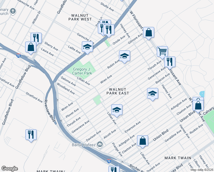 map of restaurants, bars, coffee shops, grocery stores, and more near 5045 Plover Avenue in Saint Louis