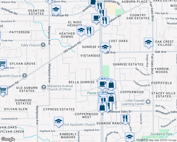 map of restaurants, bars, coffee shops, grocery stores, and more near in Citrus Heights