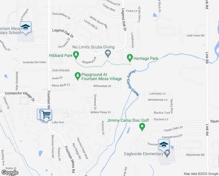 map of restaurants, bars, coffee shops, grocery stores, and more near 7413 Willowdale Drive in Fountain