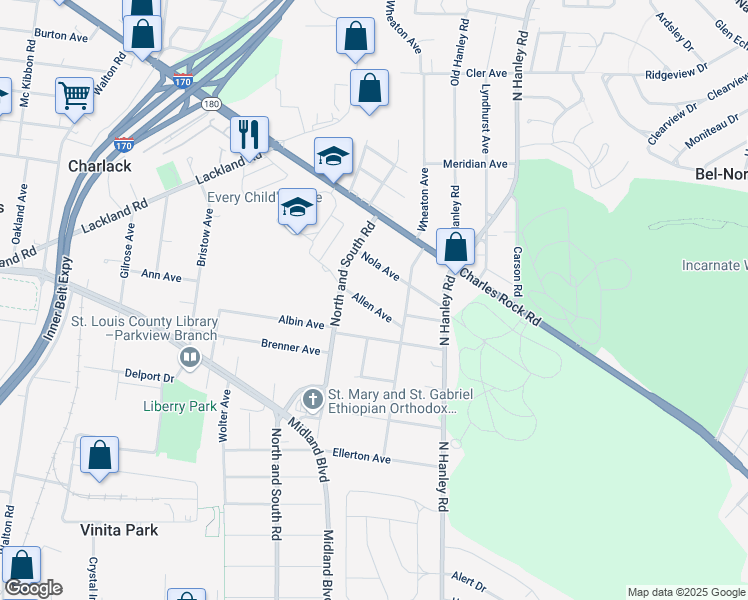 map of restaurants, bars, coffee shops, grocery stores, and more near 8123 Allen Avenue in St. Louis