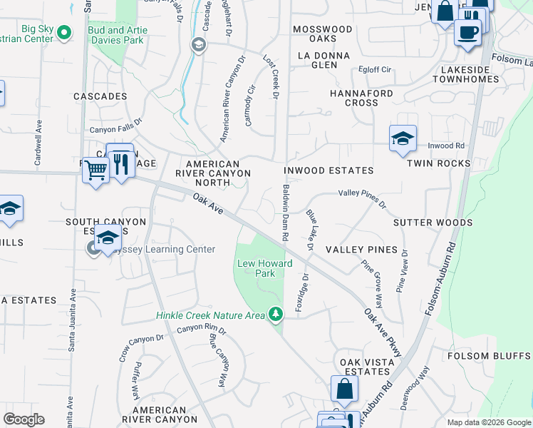 map of restaurants, bars, coffee shops, grocery stores, and more near 1514 Snowy Range Court in Folsom