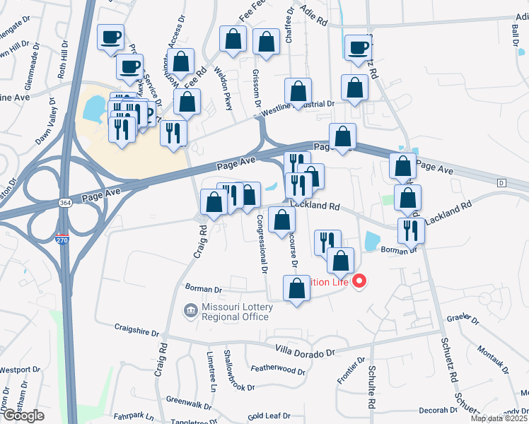map of restaurants, bars, coffee shops, grocery stores, and more near 11902 Lackland Road in Saint Louis