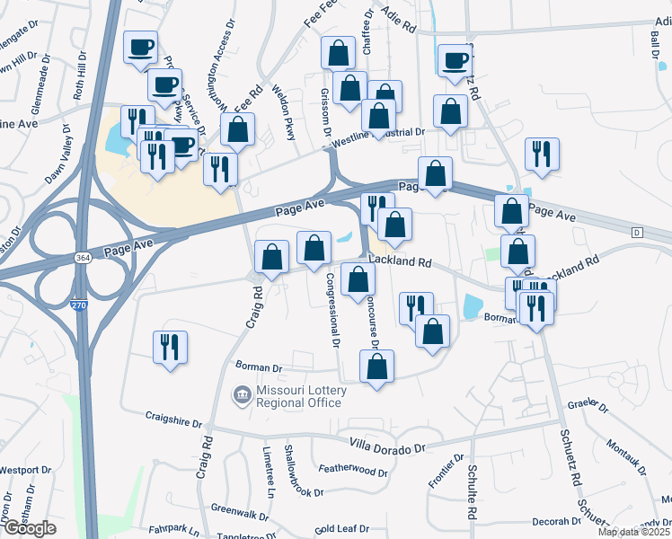 map of restaurants, bars, coffee shops, grocery stores, and more near 11902 Lackland Road in Saint Louis