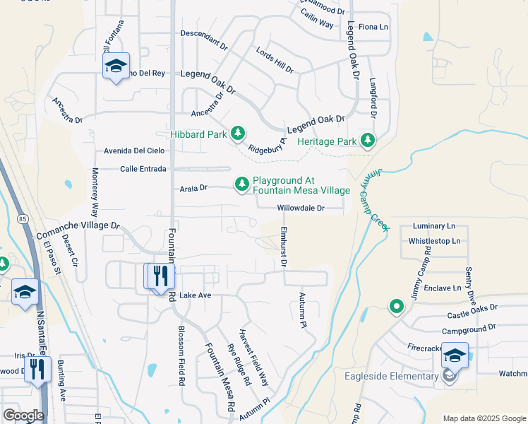 map of restaurants, bars, coffee shops, grocery stores, and more near 7327 Araia Drive in Fountain