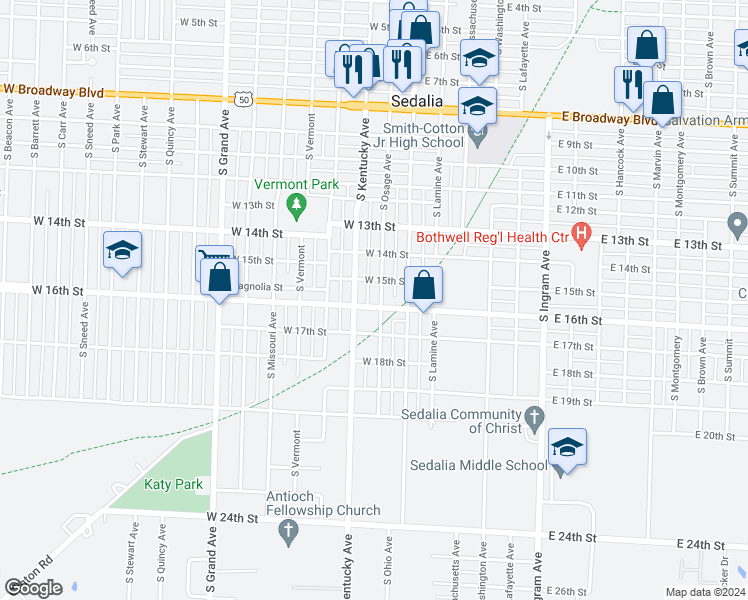 map of restaurants, bars, coffee shops, grocery stores, and more near 1423 South Osage Avenue in Sedalia