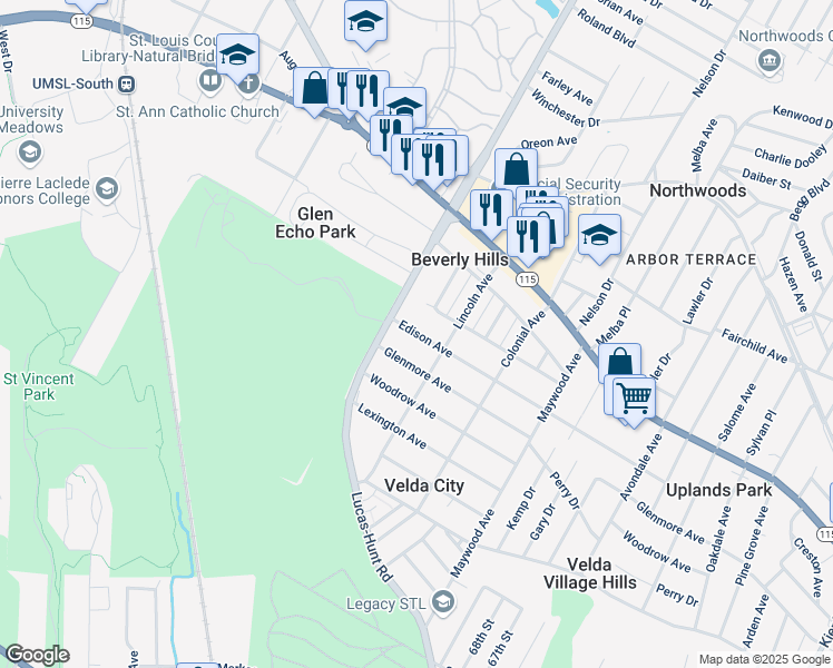 map of restaurants, bars, coffee shops, grocery stores, and more near 7124 Edison Avenue in St. Louis