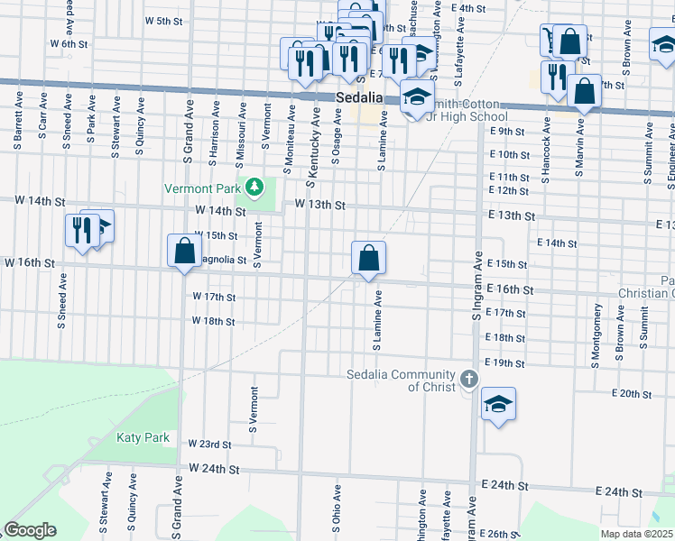 map of restaurants, bars, coffee shops, grocery stores, and more near 1423 South Osage Avenue in Sedalia