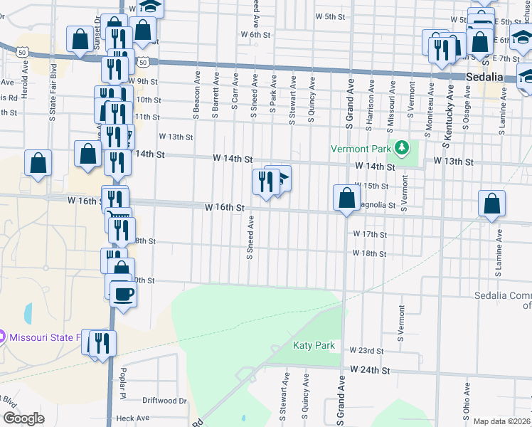 map of restaurants, bars, coffee shops, grocery stores, and more near 1500 South Park Avenue in Sedalia