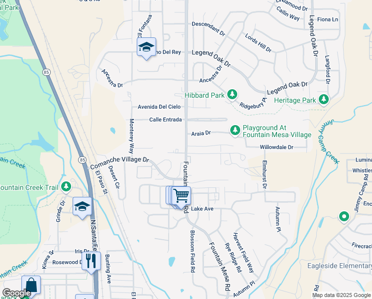 map of restaurants, bars, coffee shops, grocery stores, and more near 1175 Fountain Mesa Road in Fountain