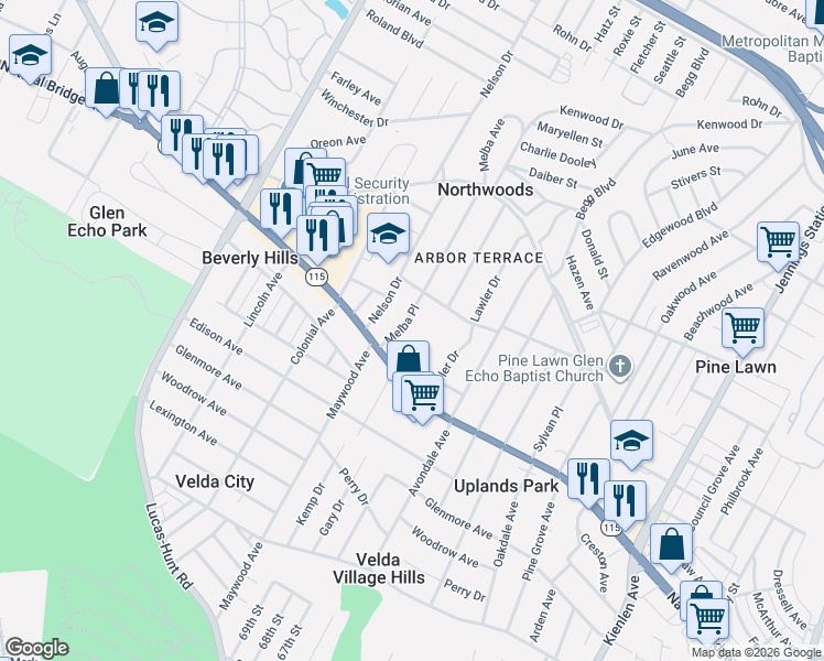 map of restaurants, bars, coffee shops, grocery stores, and more near 3721 Melba Place in St. Louis